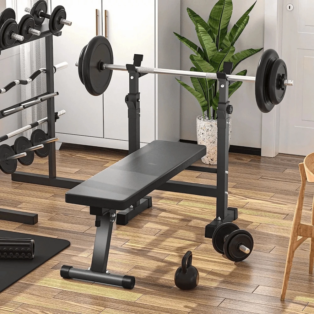 Weight Bench Folding Bench Press Adjustable W/Rack Lifting Strength Training Gym - Black - View 1