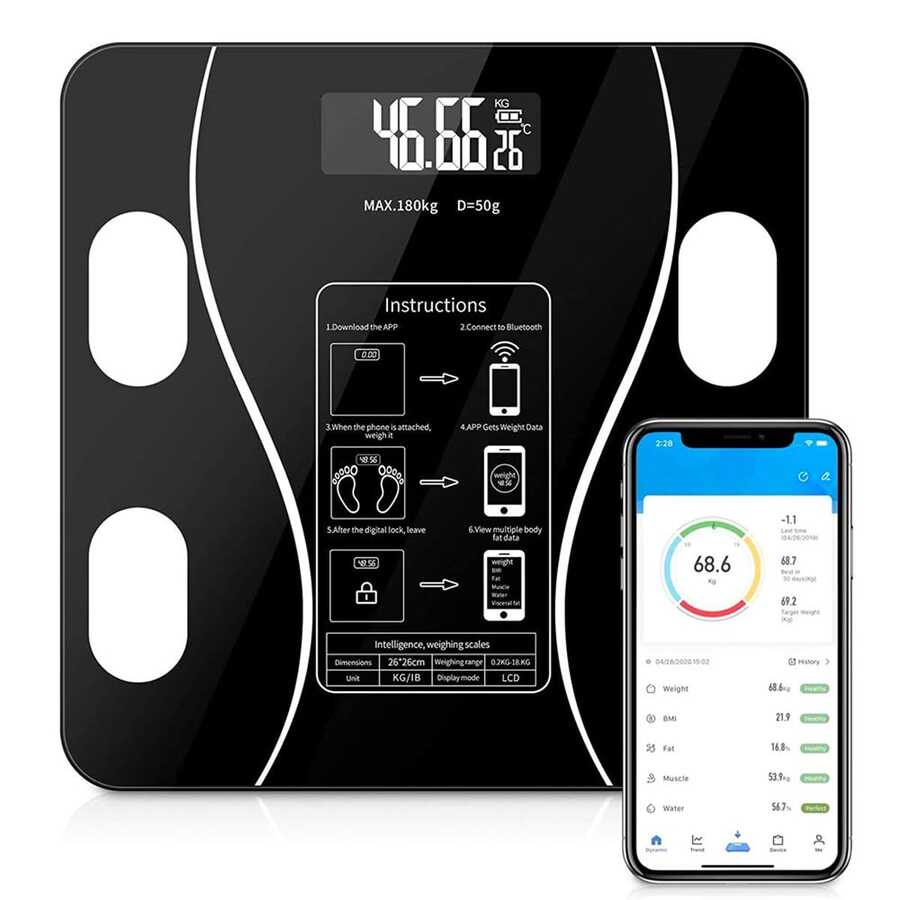 Raganet, Báscula Electrónica Bluetooth, Digital e Inteligente, Para Medir Peso, Grasa Corporal y Muscular, Funciona con Baterías AA No Incluidas, de Vidrio Templado - Negro - Ver 1