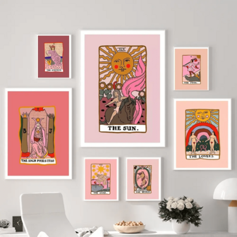1 pieza Pintura en lienzo de arte de pared abstracto nórdico de amantes del Tarot, con los arcanos El Sol, La Emperatriz y La Sacerdotisa, para decoración del hogar en la sala de estar, con opción de marco
