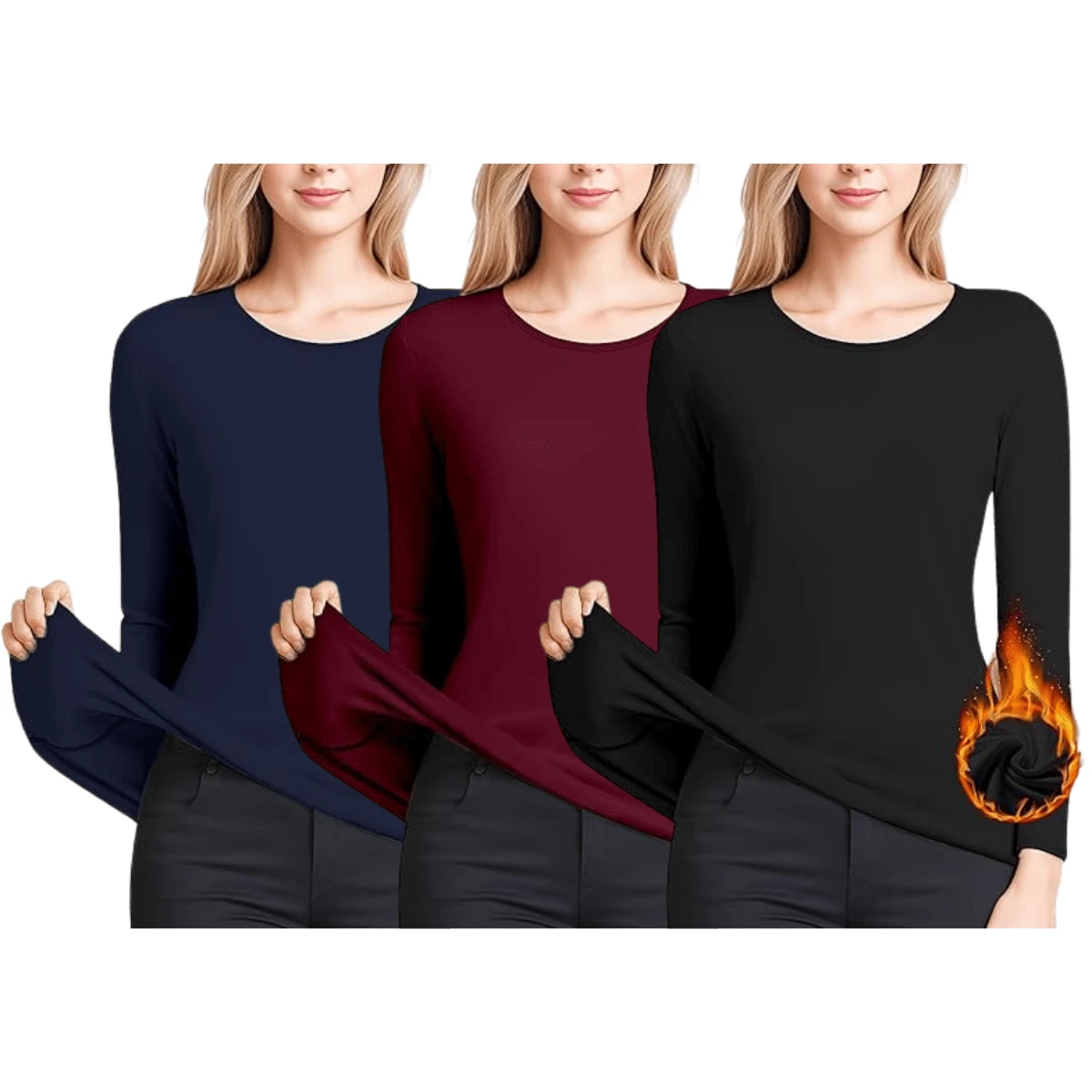 Ripoll Kit 3 Long Sleeve Women's Winter Plush Thermal Blouse - Đen/Đỏ tía/Xanh nước biển - Xem 1
