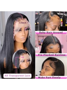 ownvmor Pelucas De Cabello Humano,200% Density 13x4 HD Lace Front Wig - 100% Brazilian Human Hair Straight Wig With Pre-Plucked Edges & Baby Hair, Natural Look Ear-To-Ear Swiss Lace Closure For, Glueless Human Hair Wig,Versatile Hairpiece | ,Realistic Hairline Wig | Preplucked Lace  8-36Inchs - Natural Black - View 9