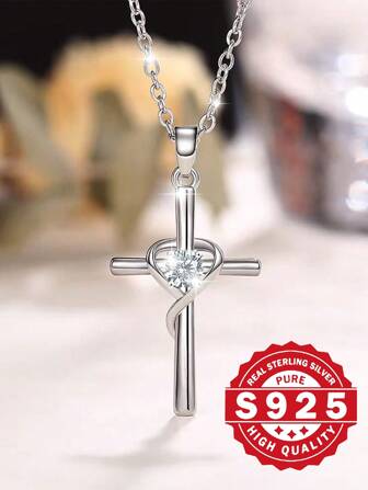 1 pieza Collar de plata S925 con colgante de cruz con gema azul, roja y blanca, estilo europeo y americano de alta gama, elegante y casual, adecuado para chicas/damas, regalo de cumpleaños, pareja, uso diario, incluye una hermosa caja de regalo