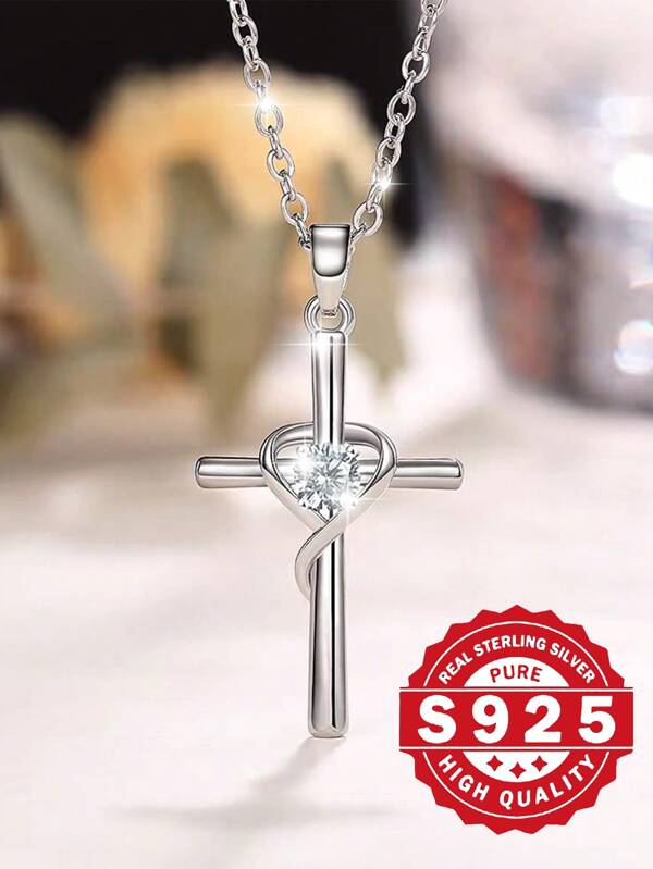 1pc S925 Silver Necklace With Blue, Red, White Gem Cross Pendant, European & American High-End Style, Elegant & Casual, Suitable For Girls/Ladies Birthday, Couple Gift, Daily Wear, Comes With A Beautiful Gift Box