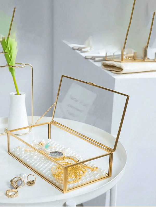 1pc Transparent Rectangular Jewelry Display Box Vintage Golden Edge Glass Storage Box With Lid Bracelet Souvenir Decoration Ring Bracelet Storage Container Desktop Organizer Home Decoration