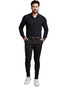 Men's Long Sleeve Spandex Dress Shirt - Black - View 6