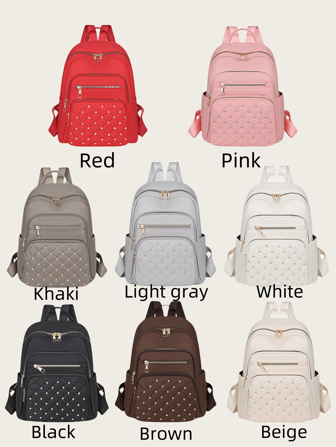 8 Farben lässiger Rucksack für Frauen mit Nieten-Dekoration, Rucksack mit Rautenfrundmuster zum Verstauen, vielseitiger Nylon-Rucksack, leichter Rucksack, tragbar, Laptopfach, großes Fassungsvermögen