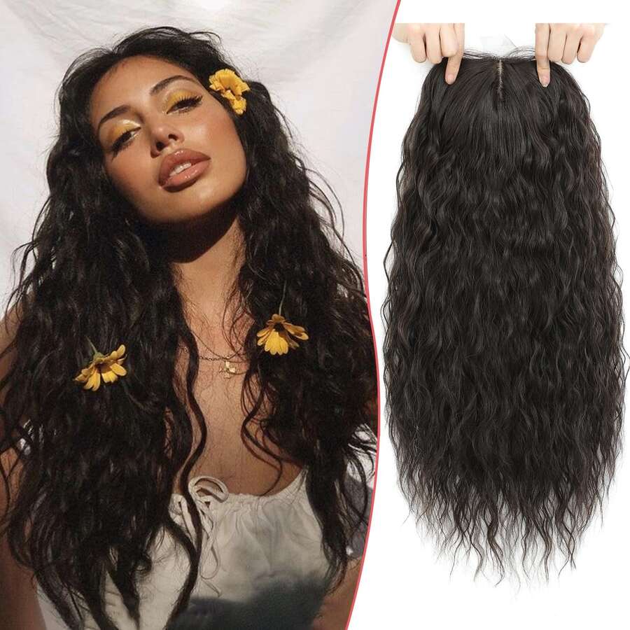 Megito Curly Hair Topper 20inch Natural Curly Hair Toppers For Women With Thinning Hair Lightweight & Breathable Wiglets For Thinning Hair Full Coverage Hair Topper Perfect For Daily Use, Styling, Cosplay - 棕色 黑色 - 查看 1