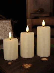 3 Juego de velas electrónicas modernas sin llama con patrón vertical de engranajes de plástico beige, velas sin llama para fiestas, decoración del hogar, ornamento de luz de vela