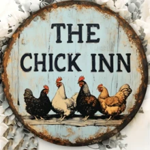 1 件复古鸡舍主题 2D 平面印刷金属招牌 - 8 英寸圆形墙饰，公鸡和小鸡图案，乡村农舍风格，适用于户外庭院、酒吧、厨房或家居，独特的礼品创意，户外墙饰，乡村风格装饰，经久耐用的墙面艺术品，鸡主题装饰 - 彩色 - 查看 7