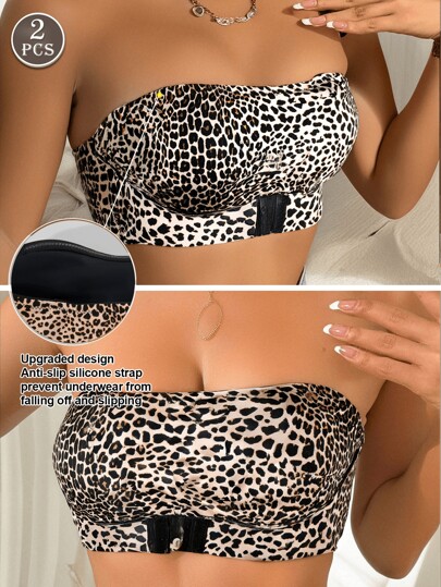 2 piezas con hebilla delantera sin tirantes, diseño de pecho con estampado de leopardo, diseño antideslizante de silicona, almohadilla de pecho desmontable, temperamento elegante, adecuado para vestidos off-the-shoulder