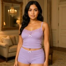 Ribbed Baby Doll With Lace Comfortable With Velvety Touch BDCRCTA065 - 中紫紅色 - 查看 1