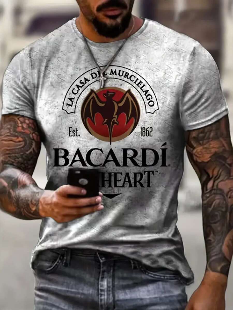 Tricou confortabil cu imprimeu 3D și model de liliac pentru bărbați, tricou elastic cu mânecă scurtă și guler rotund, potrivit pentru activități în aer liber vara, cadou de Ziua Tatălui/Halloween - Multicolor - Vizualizare 1