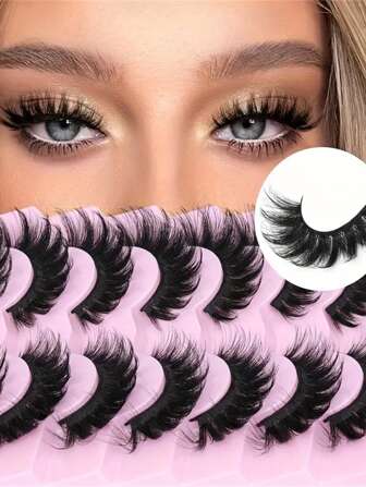 7 Pairs Pack Mink Lashes Fluffy False Eyelashes Volume 6D Cat Eye Lashes 18mm D Curl Strip Lashes Look Like Extensions Fox Eye Fake Lashes Orange Tray