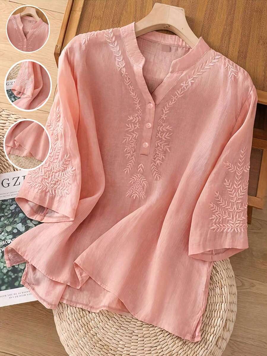 Women's Solid Color Embroidery Casual Loose Linen Blouse, Spring/Summer - Pink - View 1