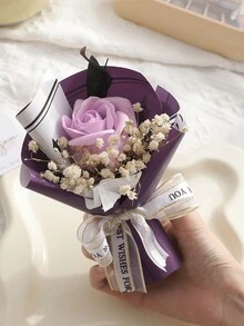 1pc Mini Artificial Flower Bouquet Includes 1pc Artificial Rose, Baby'S Breath And Rose, Wrapped In Paper, With Perfumed Soap Flower. Suitable For Mom, Girlfriend And Friend'S Birthday Or Anniversary Gift, Mother'S Day, Valentine'S Day, Wedding Favor, Home Or Desktop Decoration