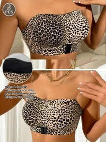 2 piezas con hebilla delantera sin tirantes, diseño de pecho con estampado de leopardo, diseño antideslizante de silicona, almohadilla de pecho desmontable, temperamento elegante, adecuado para vestidos off-the-shoulder
