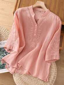 Women's Solid Color Embroidery Casual Loose Linen Blouse, Spring/Summer