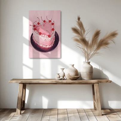 1 pieza Impresión artística de tarta de cerezas rosada para decorar paredes de sala de estar, bar, cafetería, dormitorio, oficina o el hogar, pintura en lienzo con opción de marco