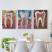 Set Seni Kanvas Cat Air Implan Gigi Berwarna-warni 3 Buah - Cetakan Anatomi Gigi Tanpa Bingkai, Desain Gigi Berwarna-warni untuk Dekorasi Klinik & Rumah Sakit - MultiWarna - View 3
