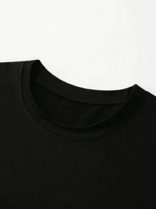 Women's Loose Black Printed T-Shirt - Short Sleeves, Loose Fit, Machine Washable, Japanese Text, Panda Pattern Design
