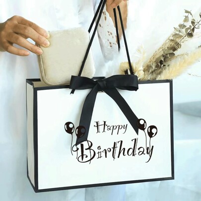1 Pc Black & White Fashion Birthday Gift Bag With Bow, Large Capacity Paper Gift Bags, Gift Bags, Birthday Gift, Perfect For Party Favors