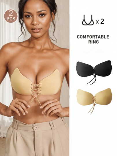 2 Pairs (Apricot + Black) Drawstring Adjustment Style Gather Small Breasts To Make Them Look Bigger Silicone Invisible Bra Stickers Women's Strapless Underwear Women's Breast Pads Small Breasts Thickened Gather Non-Slip Upper Support Breast Stickers Camisole Dress Wedding Dress