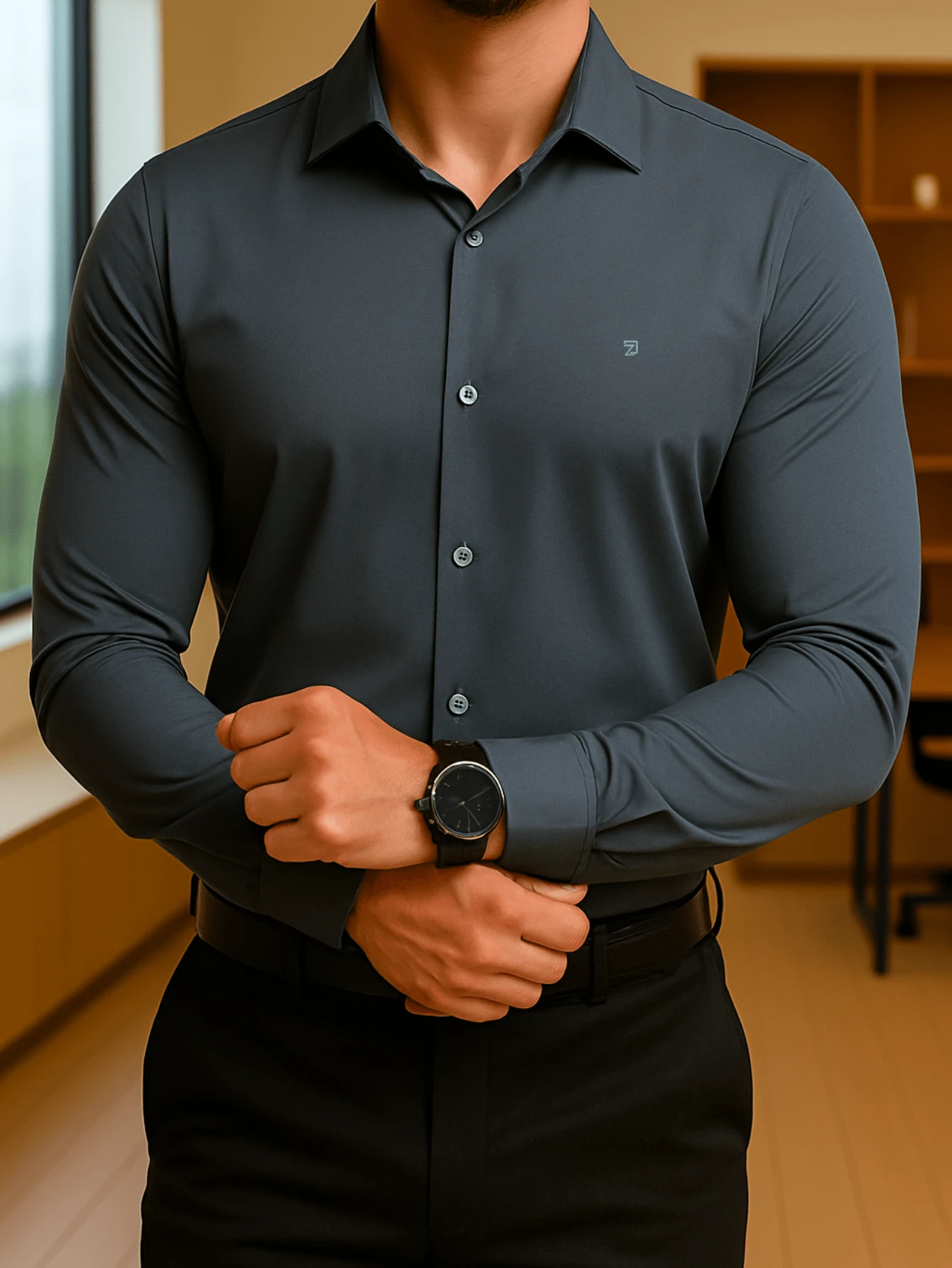 Men's Long Sleeve Spandex Dress Shirt - Màu xám đen - Xem 1