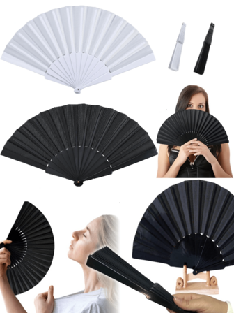 1 יחידות מניפה מתקפלת ידנית פשוטה בצבע אחיד - מניפות יד סיניות לנשים עם צלעות פלסטיק למסיבות, מתנות חתונה, עיצוב הבית, ריקודים, קישוט DIY (שחור, לבן)