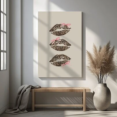 1pc Pink Bow Leopard Kiss Lips Wall Art Poster Living Room Bar Cafe Bedroom Office Home Decorative Canvas Painting Optional Frame ,Wall Art With Frame