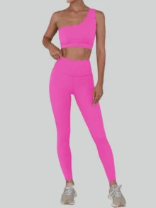 Workout Sets For Women 2 Piece High Waisted Leggings With One Shoulder Stretchy Sports Bra Gym Tracksuits - 粉色 - 查看 3