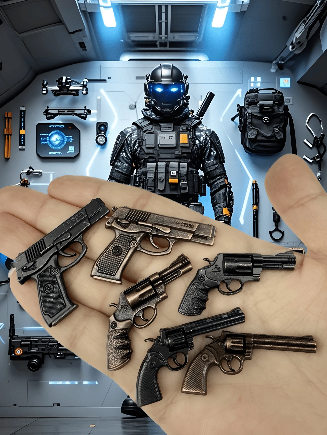 Modelo en miniatura de metal de casa de muñecas, accesorios en miniatura, juguetes de revólver negro y bronce, propiedades para juegos de guerra en miniatura, decoración de muñecas, pequeño regalo