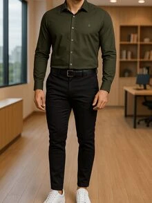 Men's Long Sleeve Spandex Dress Shirt - Army Green - View 3