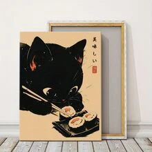 1pc Playful Black Cat With Sushi Canvas Wall Art, Curious Feline Dining Poster, Cloth Print For Living Room, Bedroom, Bar Decor, Wooden Frame, Optional Frame, Wall Art With Frame - Multicolor - View 1