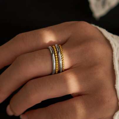 1pc Fashion 4-Layer Twist & Round Line Ring, Two-Tone Combination, Titanium Steel Electroplated 18k Gold Stainless Steel Jewelry