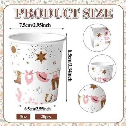 10pcs/20pcs Western Cowgirl Theme Pink Cowgirl 9oz Paper Cups, Suitable For Birthday Parties, Class Reunions, Family Gatherings, Outdoor Picnics, Back To School, Showers, Gender Reveals, And Other Celebrations And Parties, Disposable Party Supplies