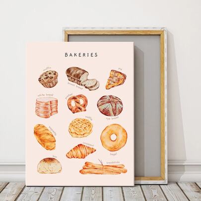 1pc Artisan Bakery Watercolor Canvas Art Print, Cloth Material, With Wooden Frame, For Living Room, Bedroom, Bar Wall Decor, Artisanal Breads & Pastries Poster, Optional Frame ﻿ ,Wall Art With Frame