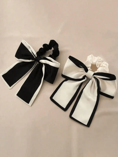 2pcs Women's Black & Beige Korean Style Satin Bow Hair Scrunchies, Elegant Vintage Hair Accessories Suitable For Buns, Ponytails, Daily Wear, Casual ,Hair Ties Head Accessories
