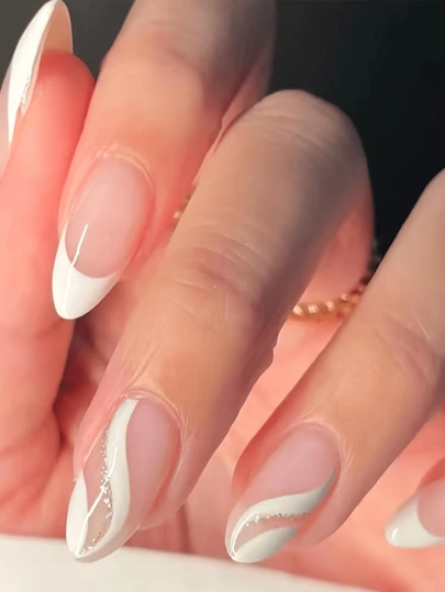 24 件法式尖头按压指甲，杏仁色中号假指甲，白色法式尖头假指甲，带闪亮漩涡设计，全覆盖光泽，亚克力胶水美甲美甲用品