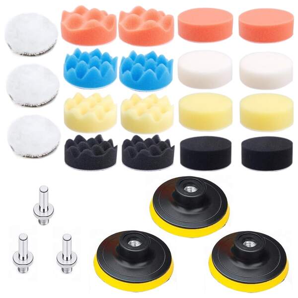 Kit de 25 piezas de almohadillas de espuma para pulidora de taladro - 16 esponjas de detalle (3 pulgadas), 3 almohadillas de pulido de lana, 3 adaptadores de taladro y ventosas, para lijado, pulido, encerado y sellado de automóviles con pulidora rotativa, encerado de barcos