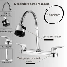 Mezcladora para fregadero cocina cuello flexible giratorio doble mando acero inoxidable aireador bajo consumo moderna color plateado brillante