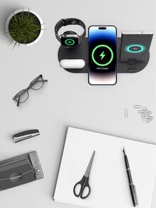 6 合 1 无线充电站，15W/7.5W/5W 无线充电，3 合 1 充电集线器 5V/0-1.5A MAX，3W 耳机充电，带 43.3 英寸 USB 连接线，多设备快速充电站，办公室无线充电器，桌面充电整理器，兼容 16、15、14、13、12、8、Galaxy S24、S23、S22、A54、A52 和系列 3/2 兼容 16 15 14 13 12 11 X 8 Pro Max/Pro/Mini/Plus，兼容 兼容 适用于办公室、宿舍和家庭 - 黑色 - 查看 2