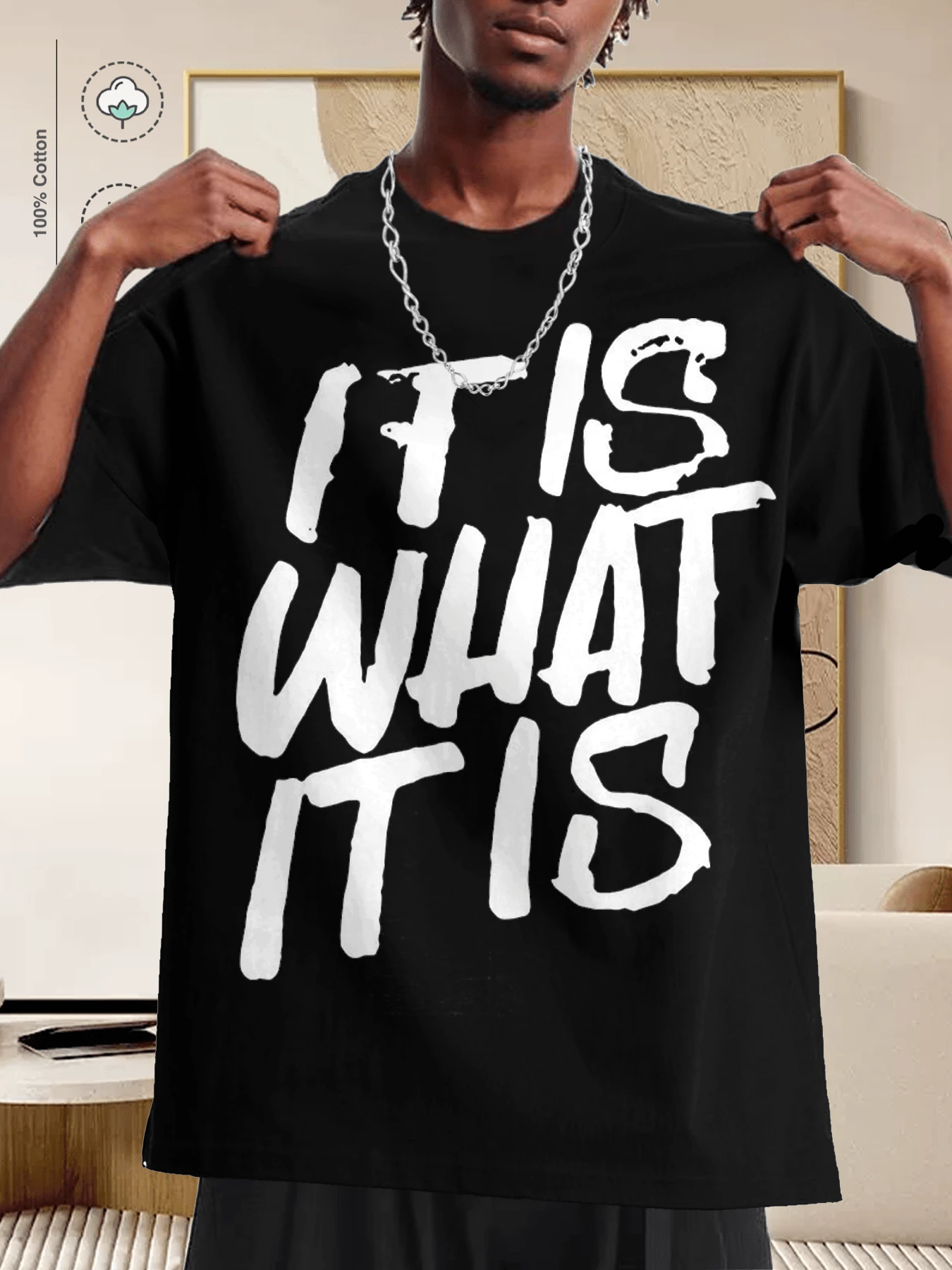 "It is what it is" camiseta impresa con patrón de letras atmosféricas de moda simple -- Cuello redondo cómodo, absorción de humedad y sudoración, algodón súper suave, regalo perfecto para actividades al aire libre de verano, ropa de papá humorística para el día a día perfecto para actividades al aire libre cómodas toda la temporada - Negro - Ver 1