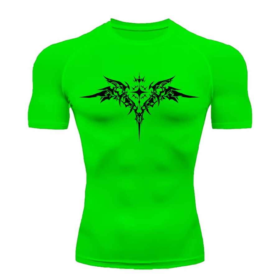 Compression Shirt UV Protection 50+ Short Sleeve Cyber Triball Front Wings 03 Rash Guard - 霓虹綠/黑色 - 查看 1