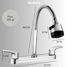 Mezcladora para fregadero cocina cuello flexible giratorio doble mando acero inoxidable aireador bajo consumo moderna color plateado brillante