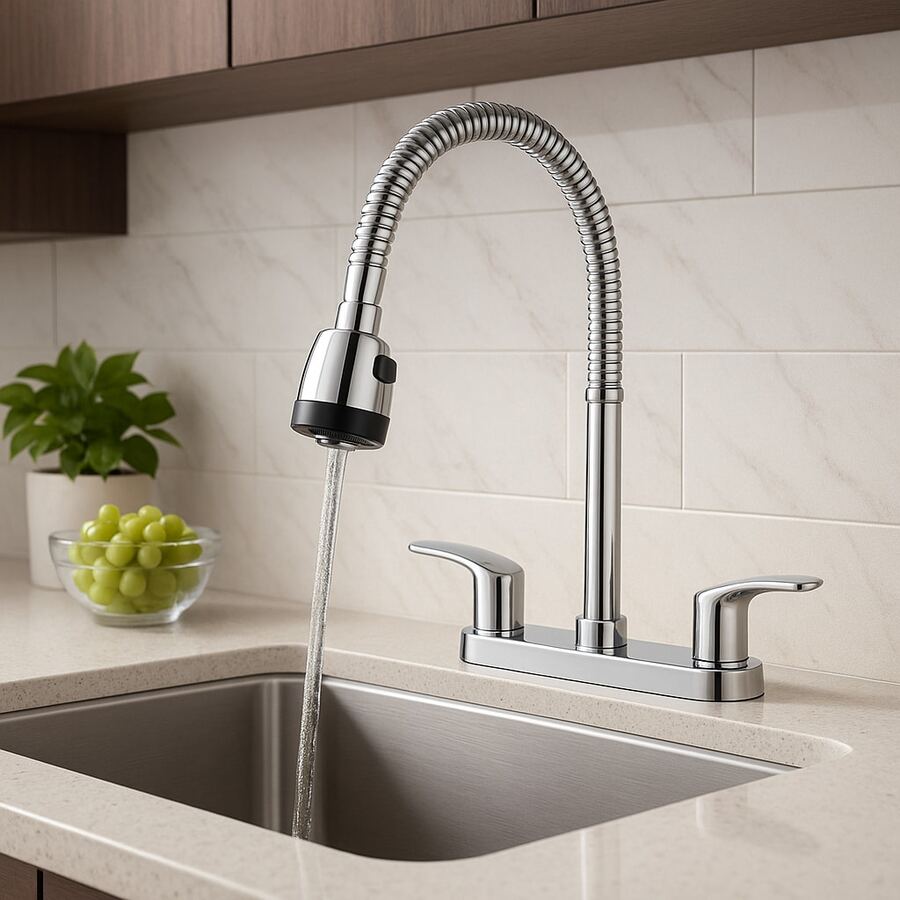 Mezcladora para fregadero cocina cuello flexible giratorio doble mando acero inoxidable aireador bajo consumo moderna color plateado brillante