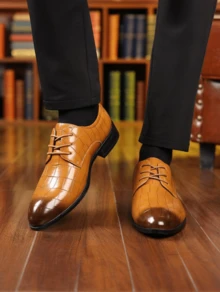 [Fast Arrival] Men's Business Grid Derby Shoes, PU Leather Upper, Durable Lace Up Formal Shoes For Men, Suitable For Daily Office And Formal Occasions - 棕色 - 查看 3