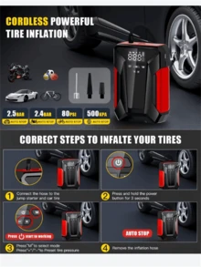 Car Starter With Air Pump,Car Battery Charger With Air Pump, 12V Car Battery Starting Power Supply, With Emergency LED Light, Portable Power Bank, Leather Storage Bag. - Multicolor - View 9