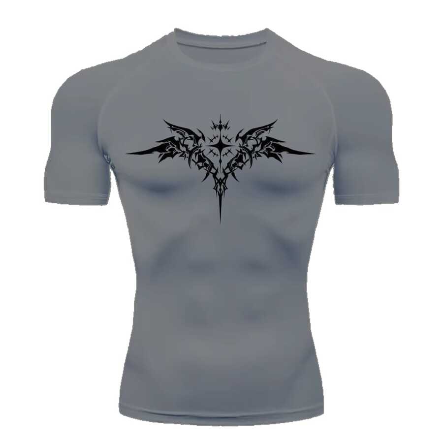 Compression Shirt UV Protection 50+ Short Sleeve Cyber Triball Front Wings 03 Rash Guard - Gray/Black - View 1