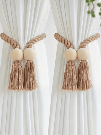 4pcs Magnetic Window Curtain Tiebacks Simple Wooden Tassel Curtain Buckle Curtain Holdback Suitable For Bedroom Living Room Kitchen Home Decoration