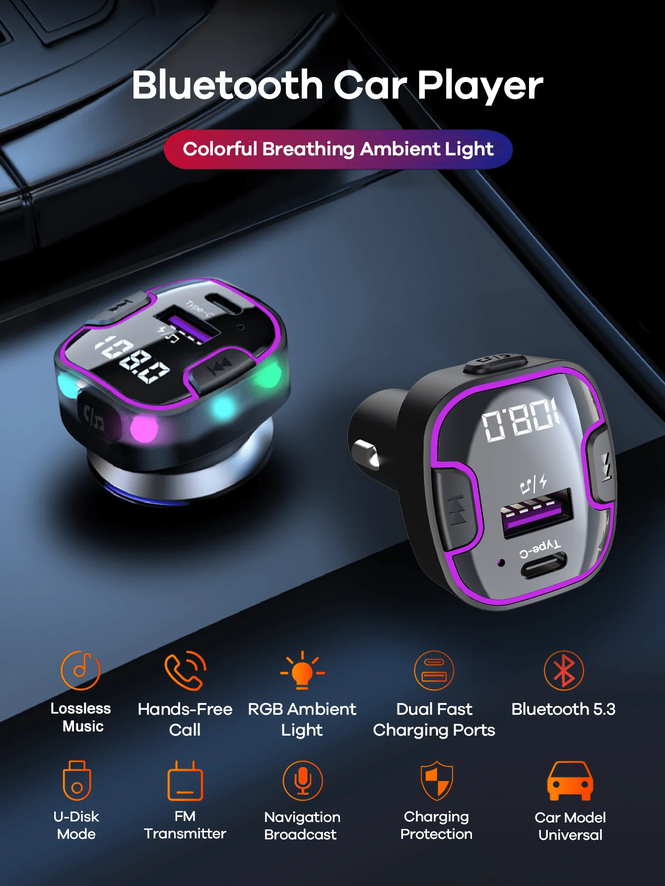 REMAX USB C Bluetooth Adapter For Car, AUX Wireless FM Radio Transmitter, PD 15W Fast Charger, Handsfree Calling & Audio Receiver, MP3 Music Player, QC3.0 & Type-C PD USB Charger,Colors LED Backlit, Fast Charging Cigarette Lighter, Car Accessories, Super Practical Car Stuff - 黑色 - 查看 1